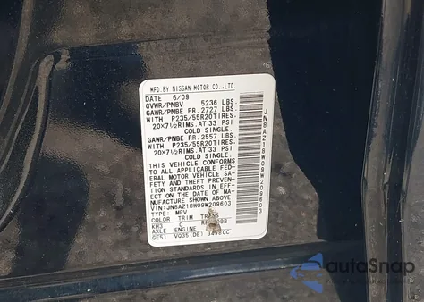 2009 Nissan Murano Le из США, поврежденный, VIN JN8AZ18W09W209603